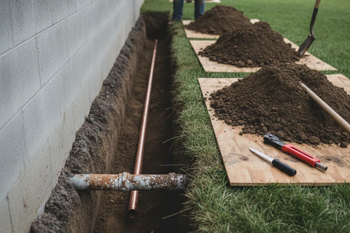 Excavated water line trench during Sewer Line Repair in Baton Rouge